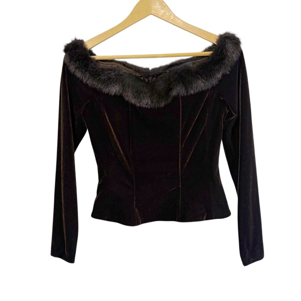 Alex Evenings Size Small Brown Velvet Faux Fur Trim Off Shoulder Top Mobwife Y2K